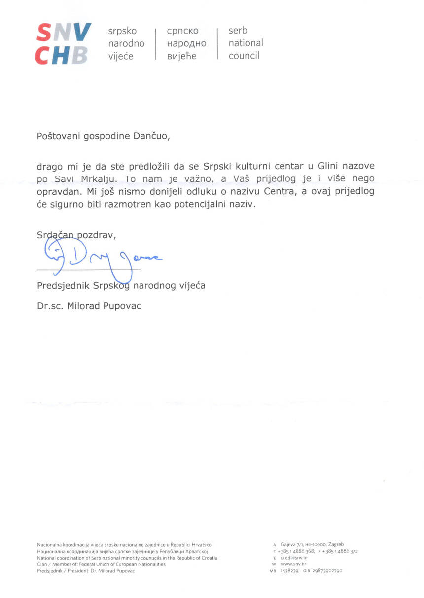 Odgovor Pupovca za SKC Glina